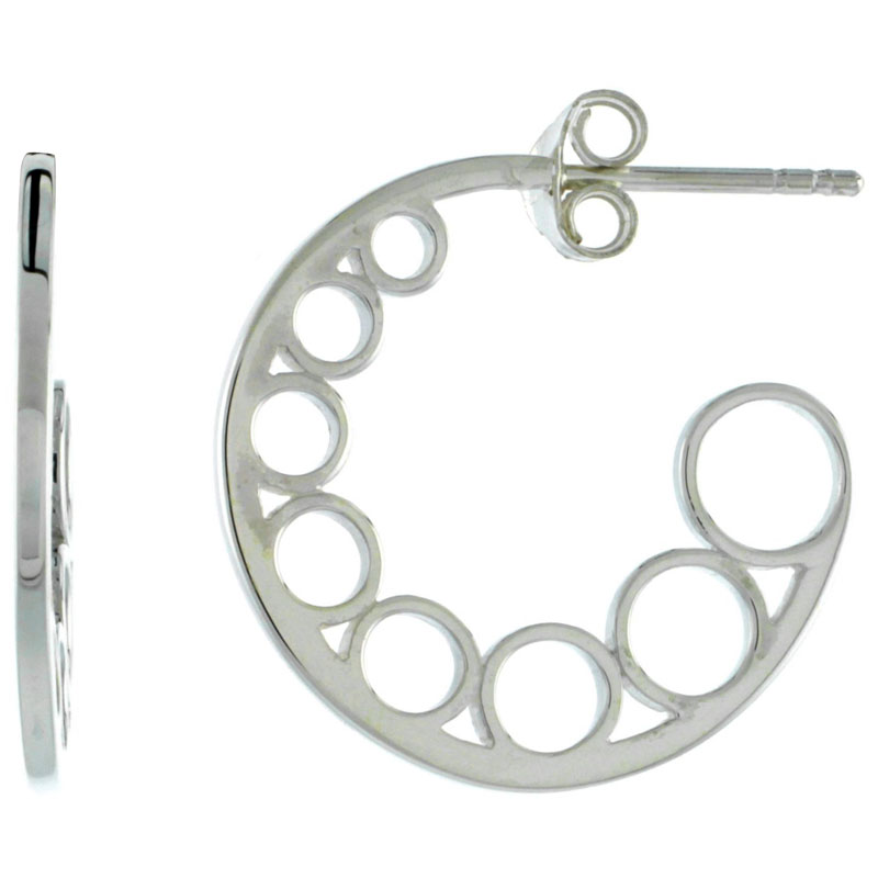 STERLING SILVER CIRCLES HALF HOOP EARRINGS, 13/16 INCH LONG