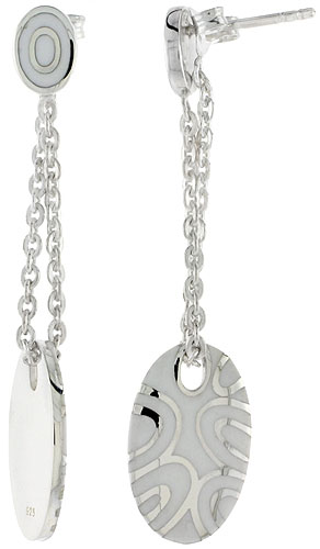 STERLING SILVER DANGLING POST DISC EARRINGS OVAL WHITE ENAMEL, 1 3/4 INCHES LONG
