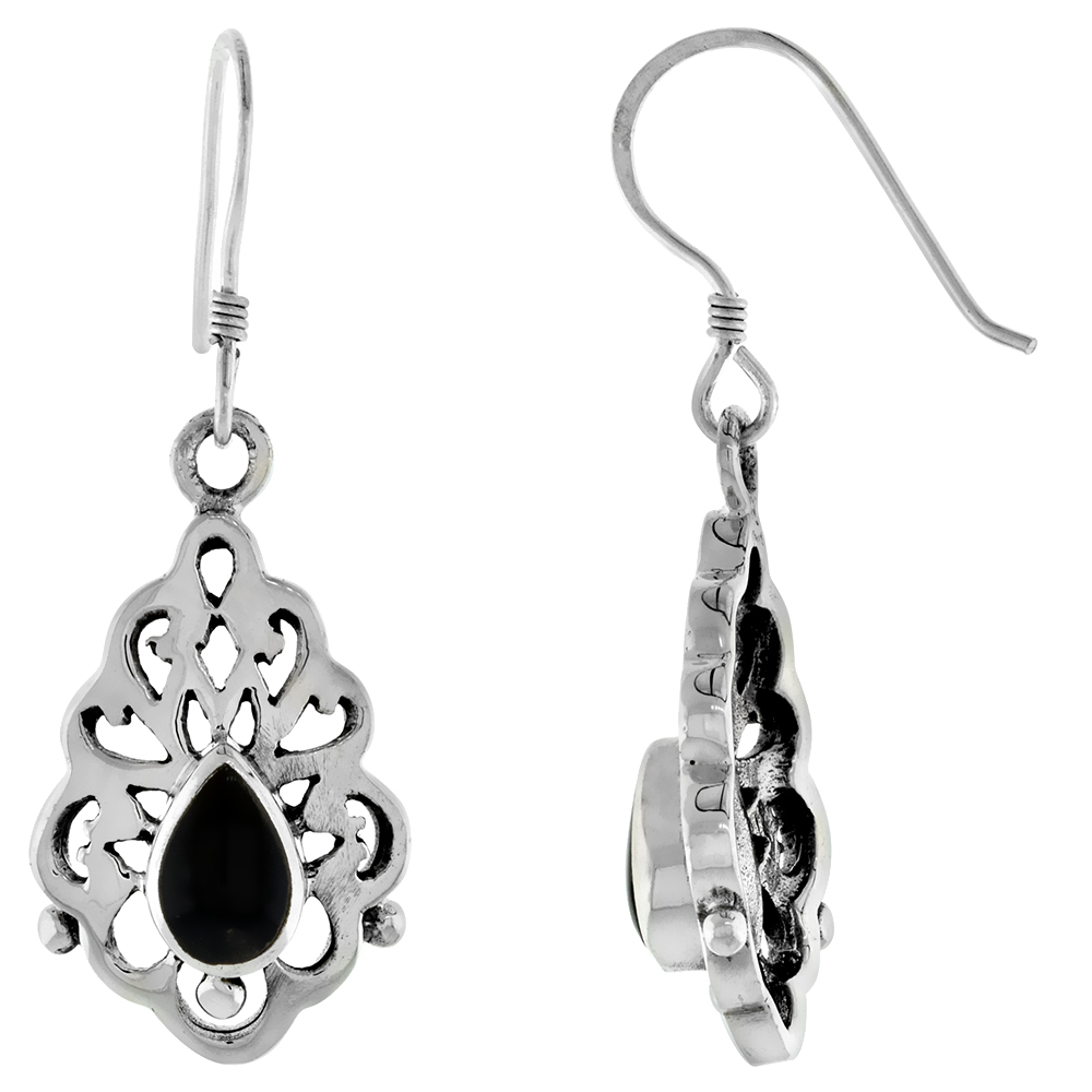 STERLING SILVER OVAL BLACK JET STONE BALI STYLE SCROLLED DANGLING FISHHOOK EARRINGS FOR WOMEN 1 3/8 INCH LONG