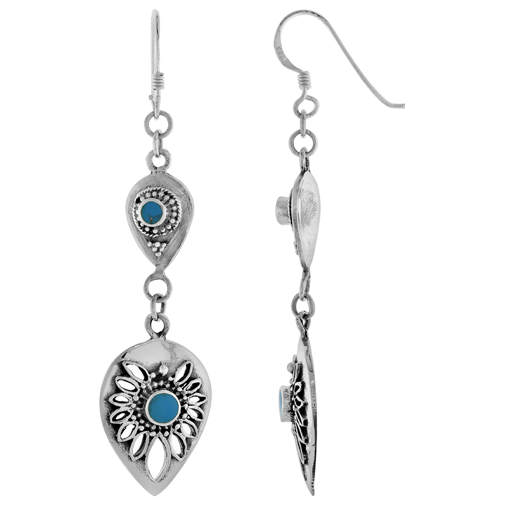 STERLING SILVER RECONSTITUTED TURQUOISE DANGLING FISHHOOK DOUBLE TEARDROP EARRINGS FOR WOMEN 2.5 INCH LONG