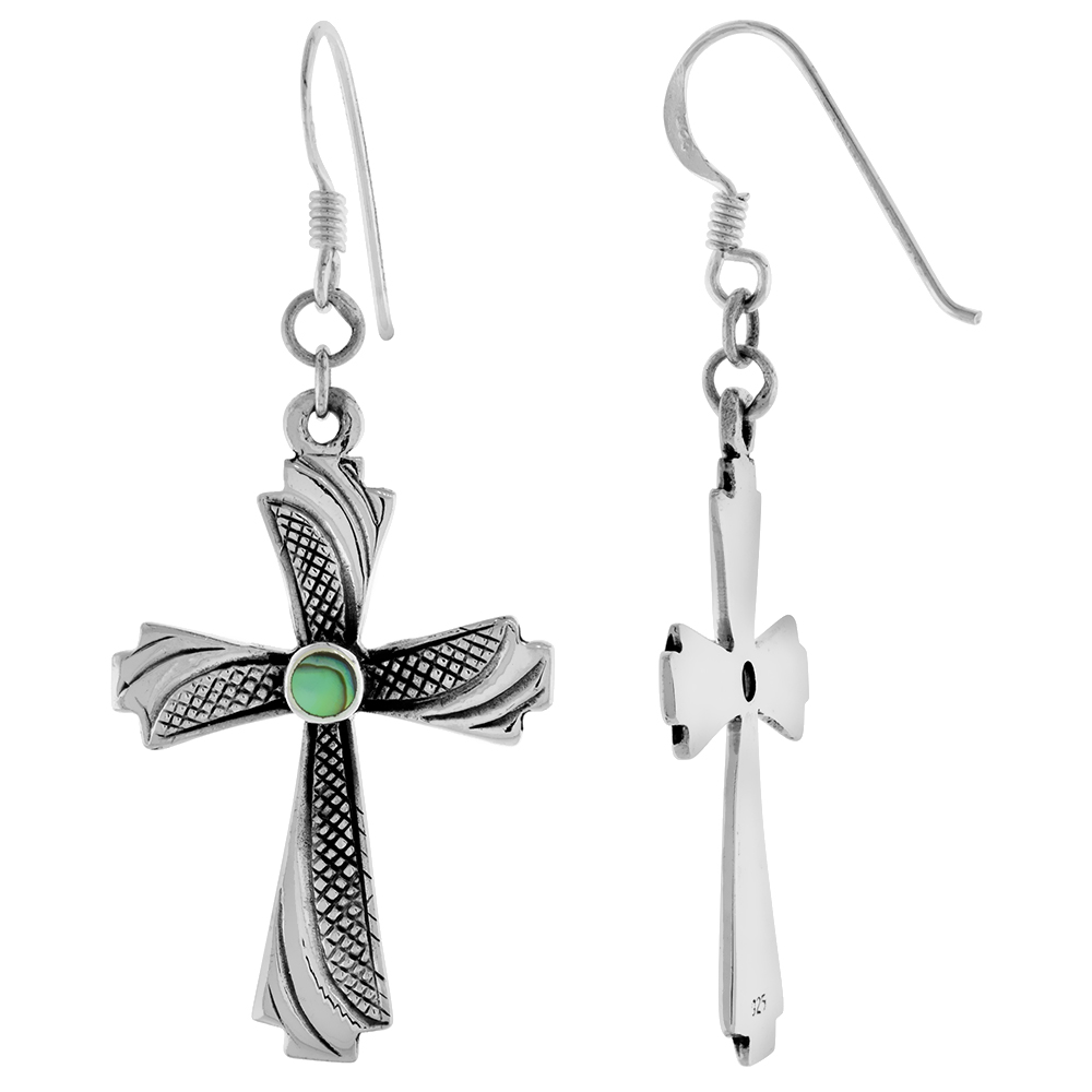 STERLING SILVER ABALONE SHELL DANGLING FISHHOOK CURVED CROSS EARRINGS FOR WOMEN 1 3/8 INCH LONG