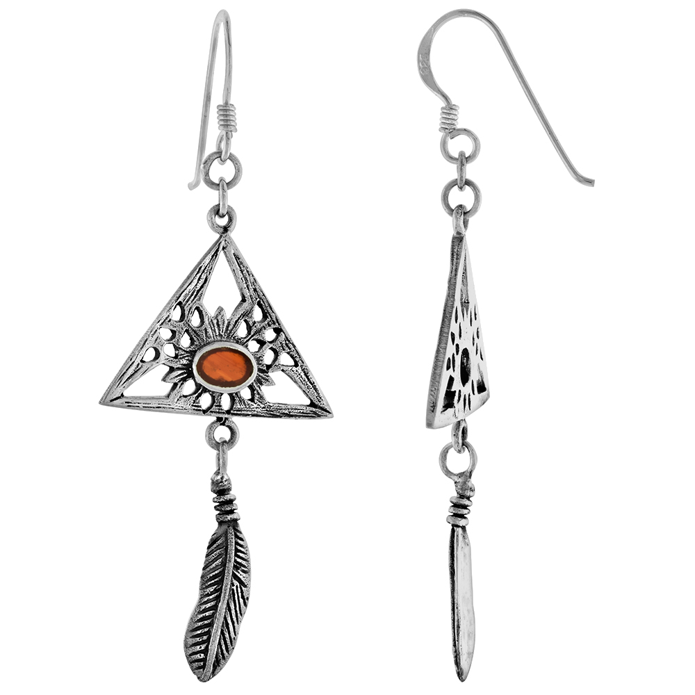 STERLING SILVER CARNELIAN DANGLING FEATHER ALL SEEING EYE TRIANGLE EARRINGS FOR WOMEN 1 3/8 INCH LONG