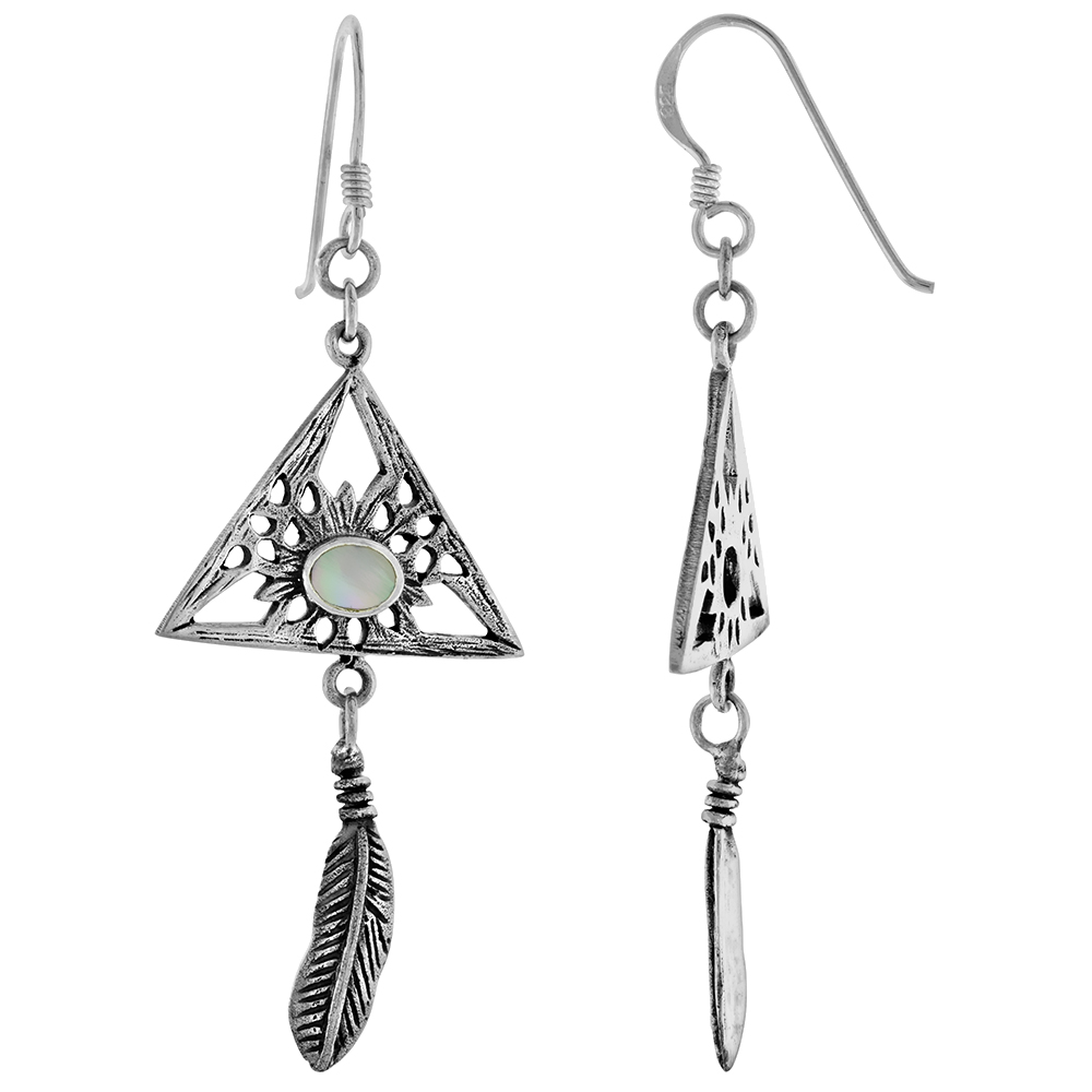 STERLING SILVER MOTHER OF PEARL DANGLING FEATHER ALL SEEING EYE TRIANGLE EARRINGS FOR WOMEN 1 3/8 INCH LONG