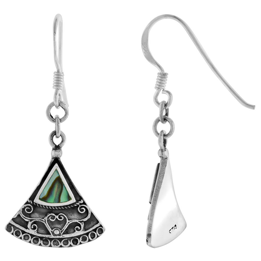 STERLING SILVER ABALONE SHELL DANGLING ART DECO FAN EARRINGS FOR WOMEN 1 3/8 INCH LONG