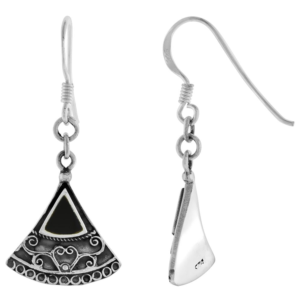 STERLING SILVER JET STONE DANGLING ART DECO FAN EARRINGS FOR WOMEN 1 3/8 INCH LONG