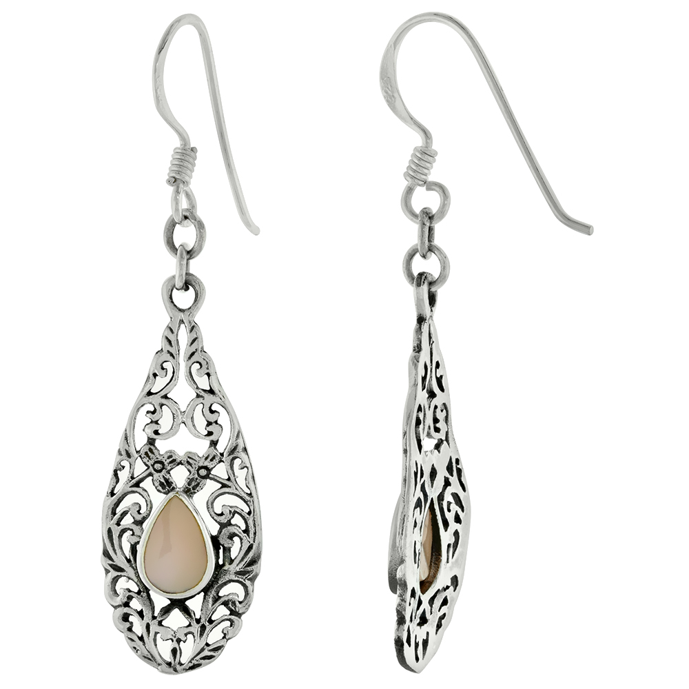 STERLING SILVER PINK MOTHER OF PEARL DANGLING ART DECO SCROLLWORK TEARDROP EARRINGS FOR WOMEN 2 INCH LONG