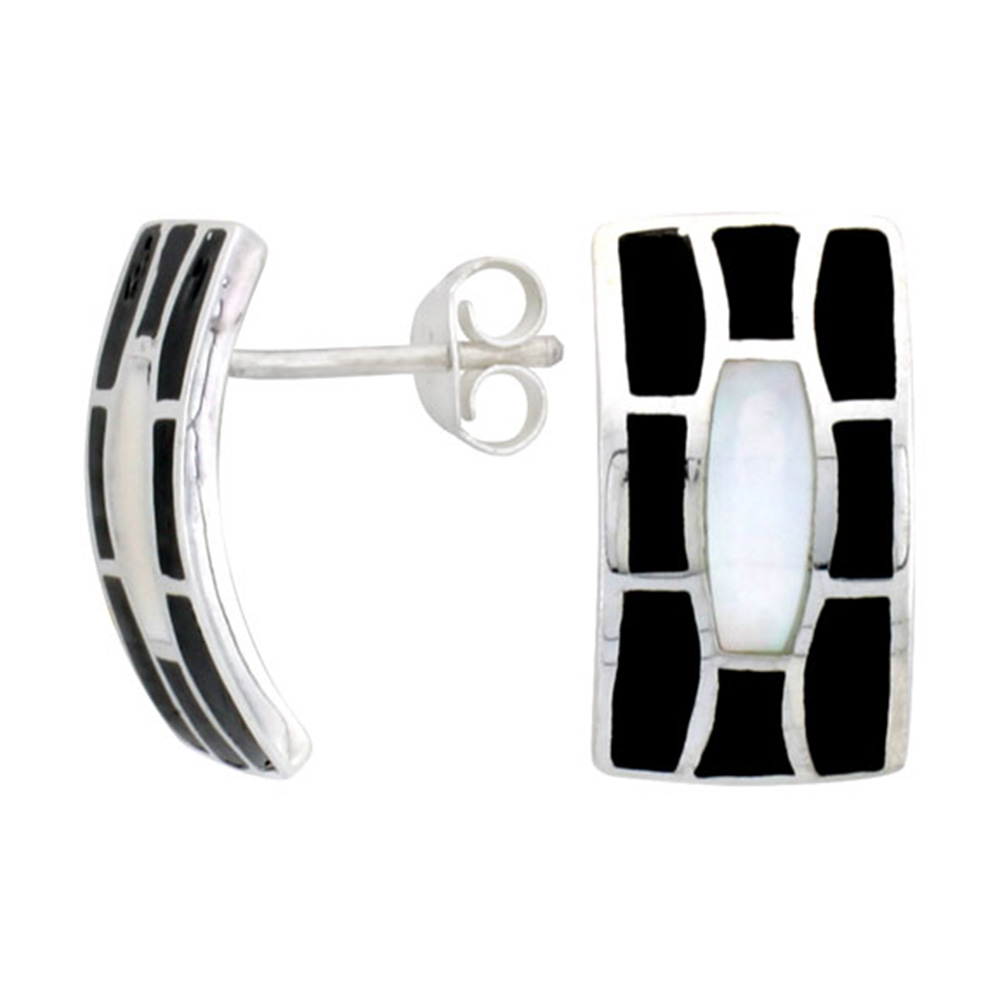 STERLING SILVER RECTANGULAR POST SHELL EARRINGS, W/ BLACK & WHITE MOTHER OF PEARL INLAY, 3/4" (19 MM) TALL