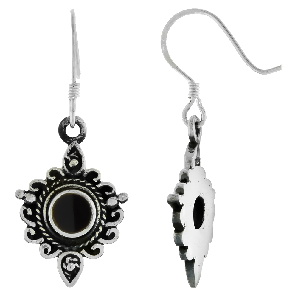 Sterling Silver 6mm Round Black Jet Stone Bali Style Scrolled Dangling Fishhook Earrings for Women 1 3/8 inch long