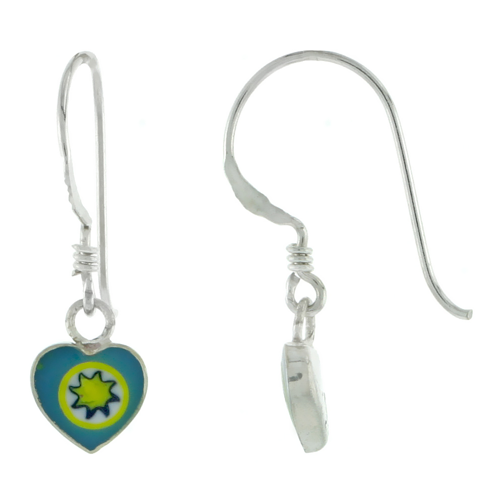 Dainty Sterling Silver Turquoise Sun Murano Glass Dangling Fishhook Murrine Millefiori Heart Earrings for Women 1 inch long