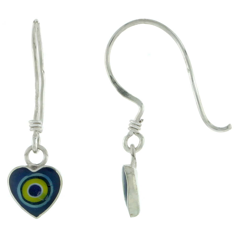 DAINTY STERLING SILVER BLUE MURANO GLASS EVIL EYE DANGLING FISHHOOK MURRINE MILLEFIORI HEART EARRINGS FOR WOMEN 1 INCH LONG