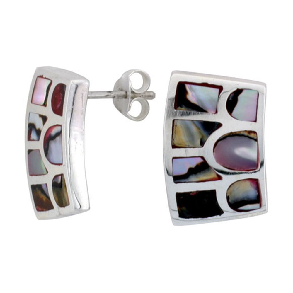 STERLING SILVER RECTANGULAR POST SHELL EARRINGS, W/ COLORFUL MOTHER OF PEARL INLAY, 3/4" (19 MM) TALL