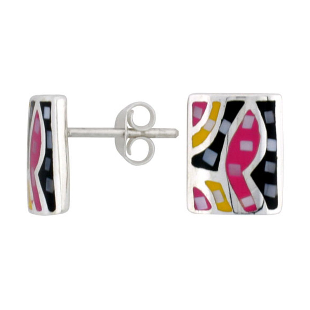 STERLING SILVER RECTANGULAR POST SHELL EARRINGS, W/ COLORFUL MOTHER OF PEARL INLAY, 1/2" (12 MM) TALL