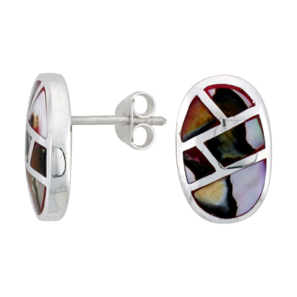 STERLING SILVER OVAL POST SHELL EARRINGS, W/ COLORFUL MOTHER OF PEARL INLAY, 5/8" (16 MM) TALL