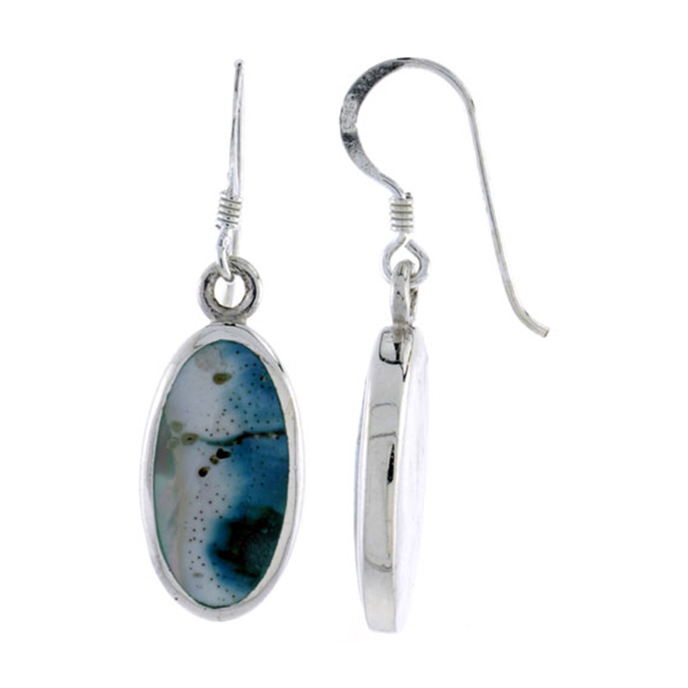 STERLING SILVER OVAL SHELL EARRINGS W/ BLUE MOTHER OF PEARL INLAY, 1 7/16" (37 MM) TALL