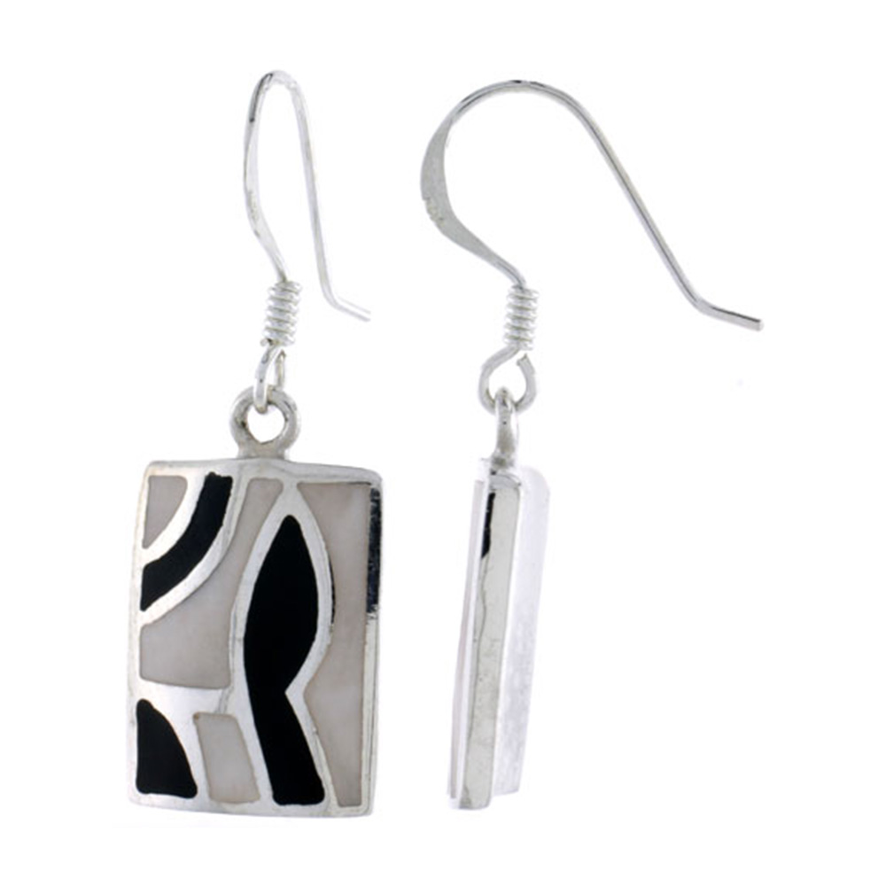 STERLING SILVER RECTANGULAR SHELL EARRINGS, W/ BLACK & WHITE MOTHER OF PEARL INLAY, 1 1/4" (32 MM) TALL