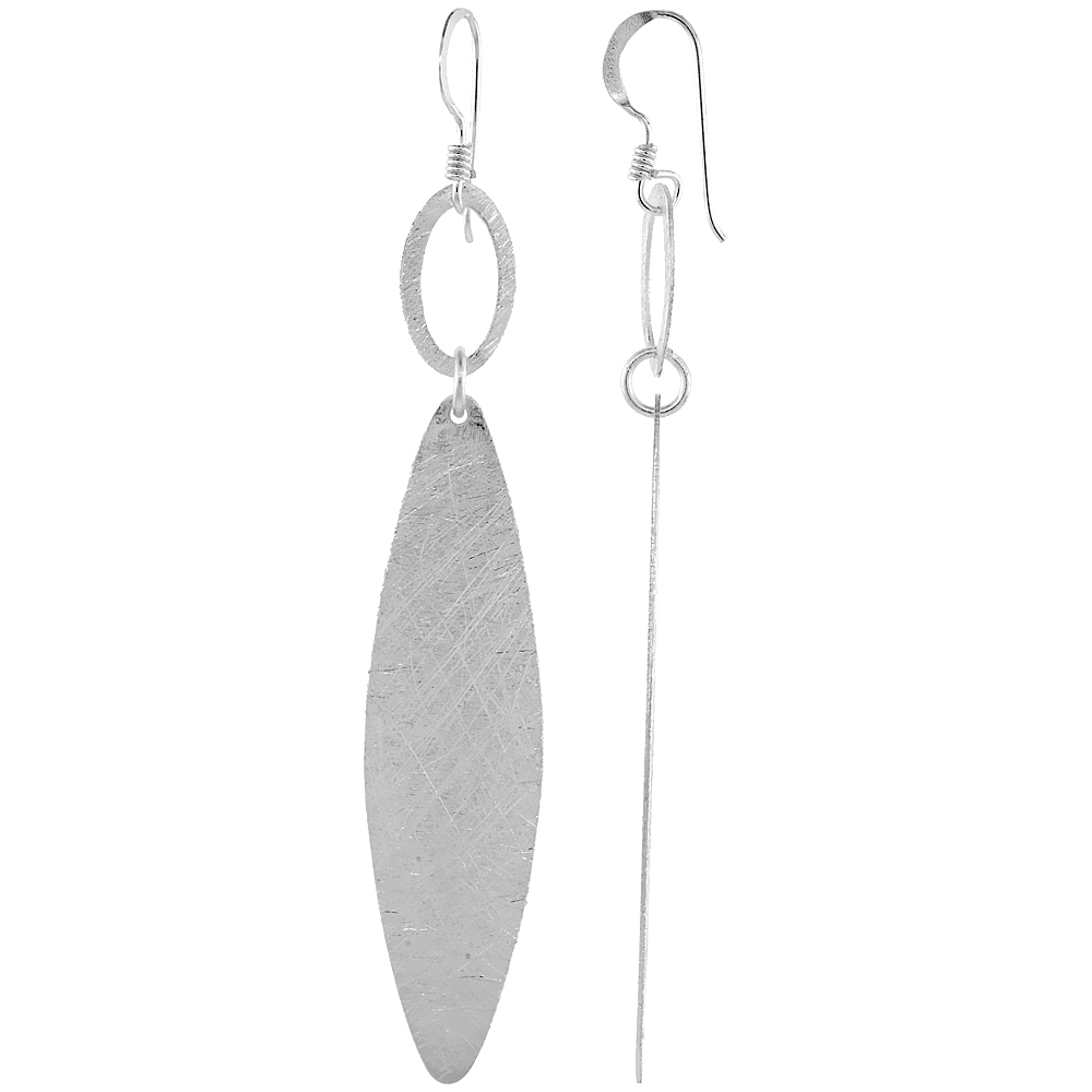 STERLING SILVER FROSTED FINISH DANGLE OVAL EARRINGS, 2 7/8 (73 MM) TALL