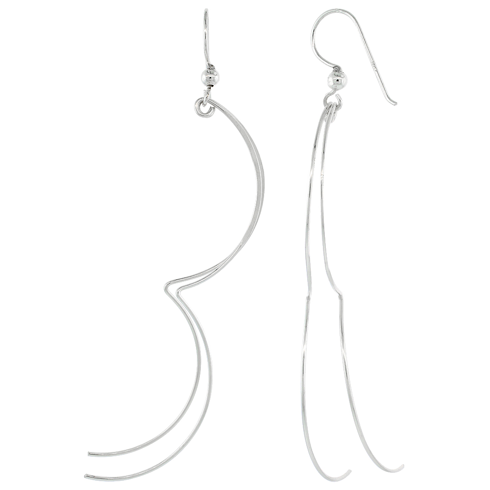 STERLING SILVER CURVY WIRES HALF HOOP DANGLE EARRINGS, 2 7/8 (73 MM) TALL