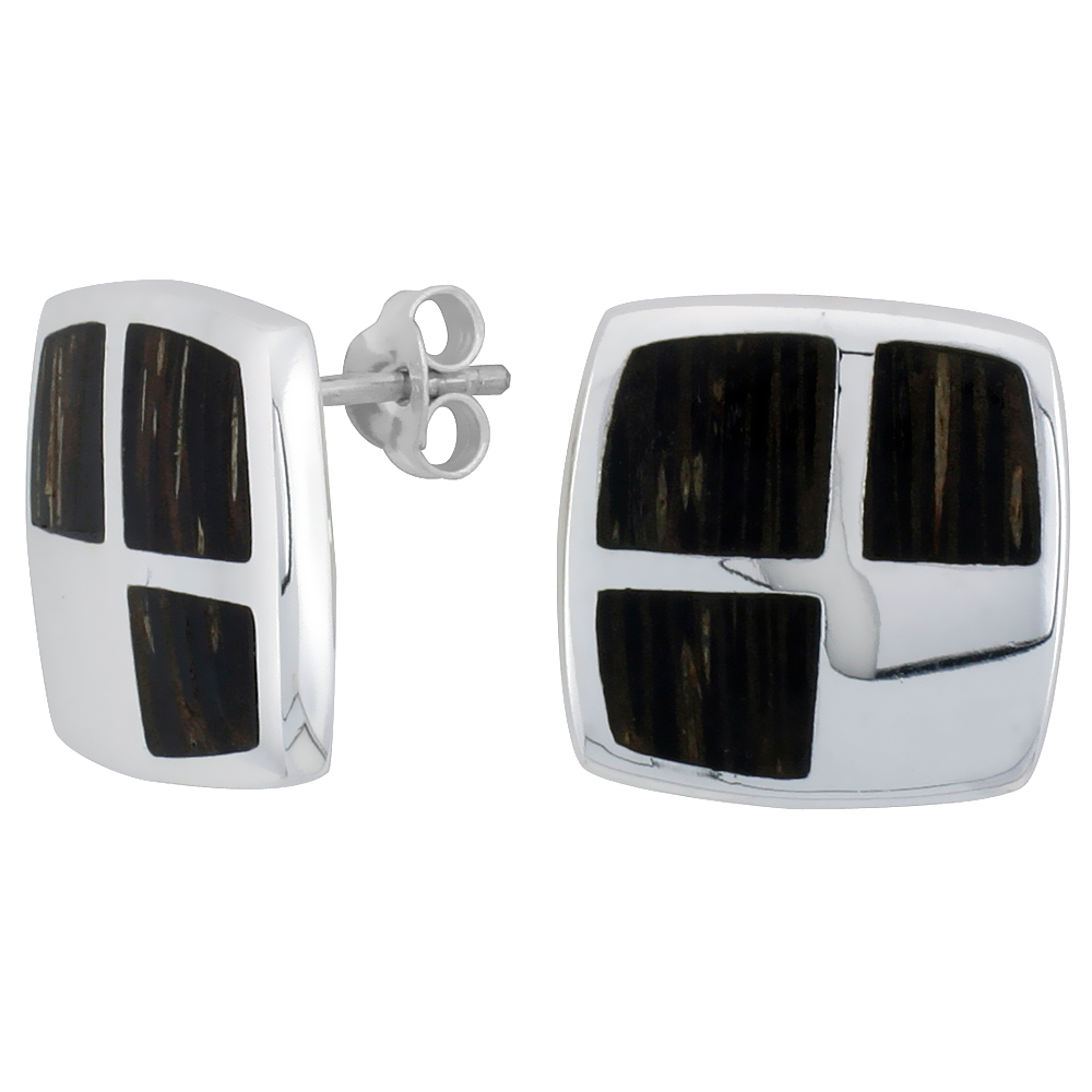 STERLING SILVER CUSHION-SHAPED POST EARRINGS, W/ ANCIENT WOOD INLAY, 9/16" (15 MM) TALL