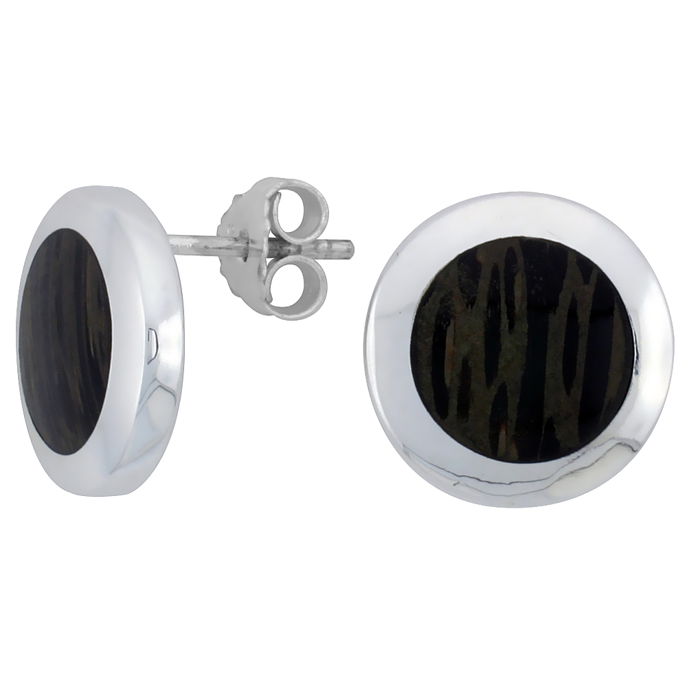 STERLING SILVER ROUND POST EARRINGS, W/ ANCIENT WOOD INLAY, 9/16" (14 MM)