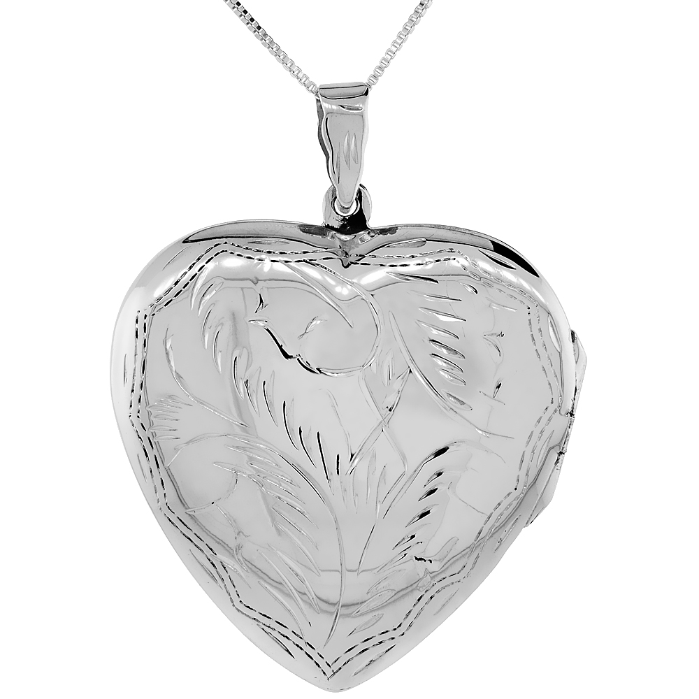 EXTRA LARGE STERLING SILVER HEART LOCKET NECKLACE 18 INCH ENGRAVED HANDMADE , 1 1/2 INCH