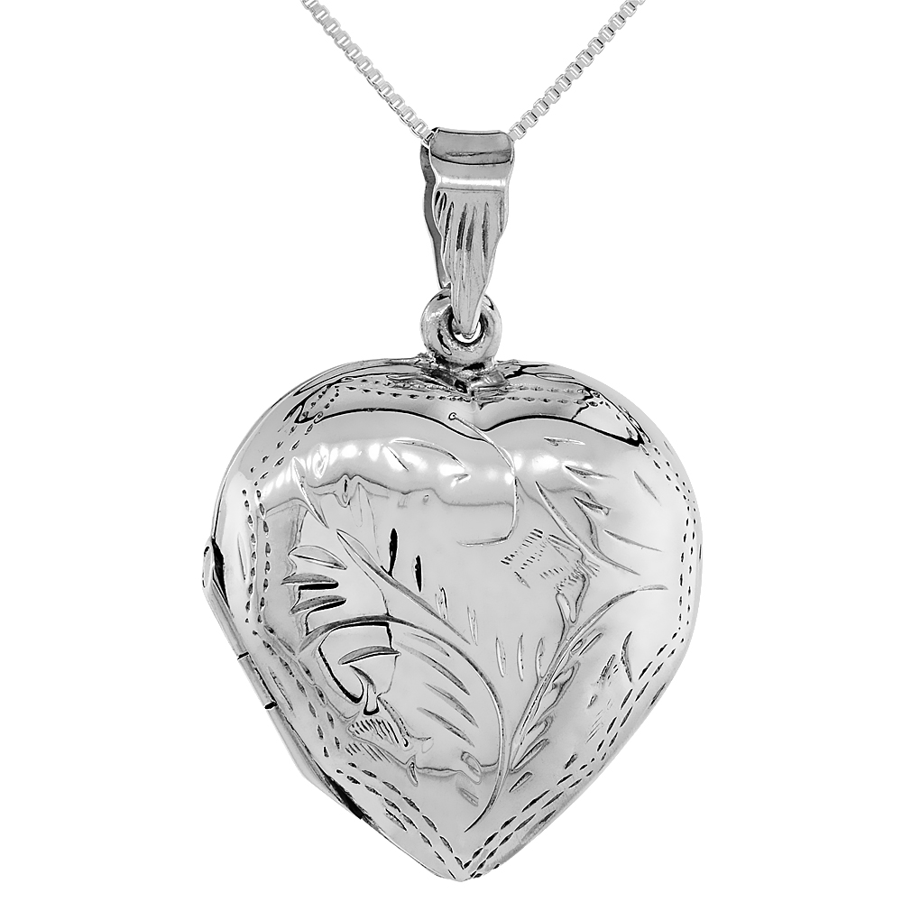 LARGE STERLING SILVER HEART LOCKET NECKLACE 18 INCH ENGRAVED HANDMADE, 1 1/8 INCH