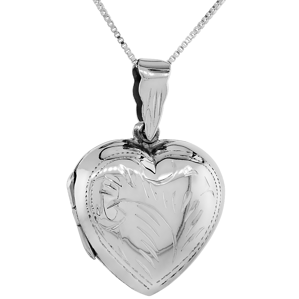 STERLING SILVER HEART LOCKET NECKLACE 18 INCH ENGRAVED HANDMADE, 7/8 INCH