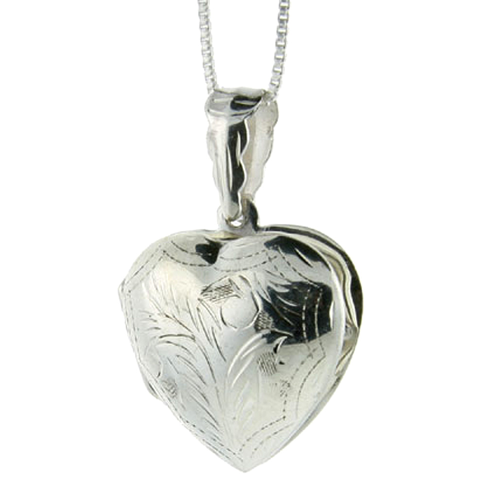 STERLING SILVER HEART LOCKET NECKLACE 18 INCH ENGRAVED HANDMADE, 3/4 INCH