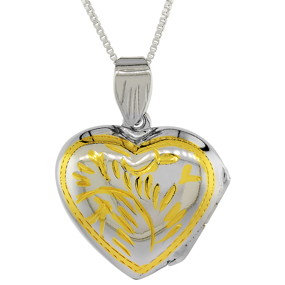 TWO TONE STERLING SILVER HEART LOCKET NECKLACE 18 INCH ENGRAVED HANDMADE, 3/4 INCH