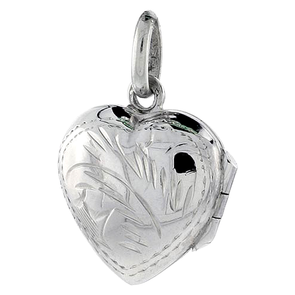 TINY STERLING SILVER PUFFY HEART LOCKET NECKLACE 18 INCH ENGRAVED HANDMADE, 9/16 INCH