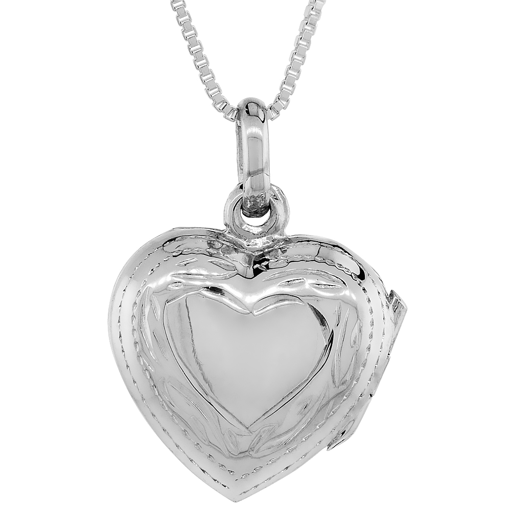 SMALL STERLING SILVER HEART LOCKET NECKLACE 18 INCH ENGRAVED HANDMADE, 5/8 INCH