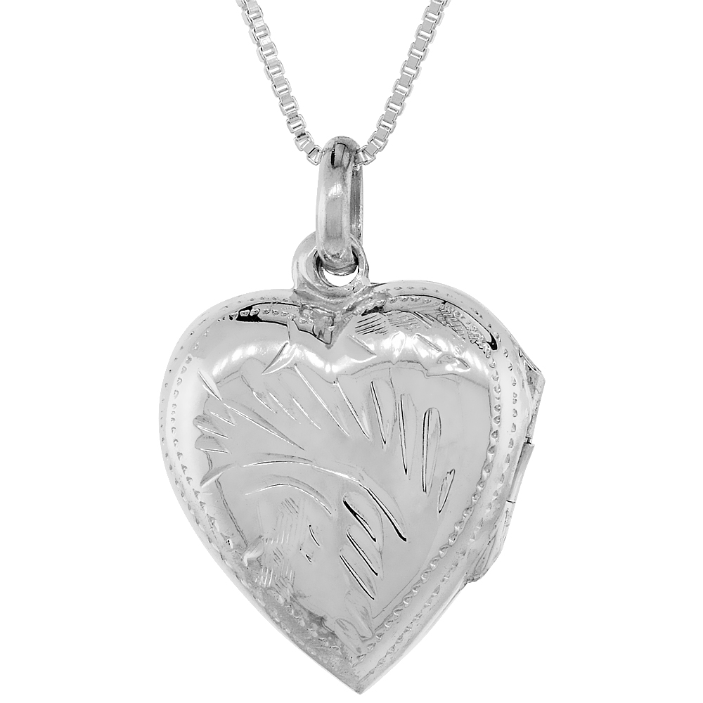 SMALL STERLING SILVER HEART LOCKET NECKLACE 18 INCH ENGRAVED HANDMADE, 5/8 INCH