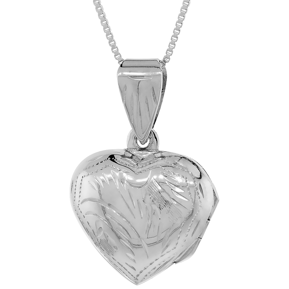 SMALL STERLING SILVER HEART LOCKET NECKLACE 18 INCH ENGRAVED HANDMADE, 3/4 INCH