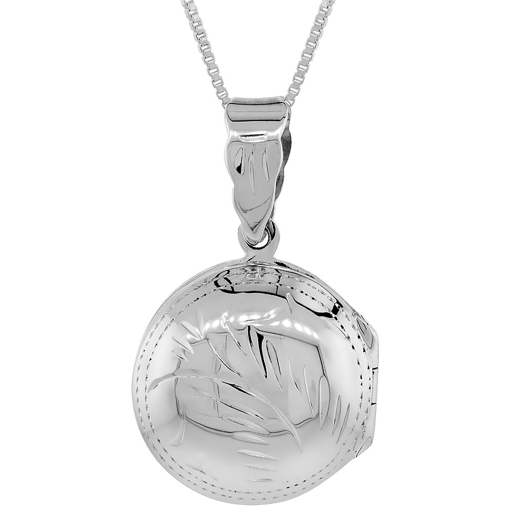 SMALL STERLING SILVER ROUND LOCKET NECKLACE 18 INCH ENGRAVED HANDMADE, 3/4 INCH