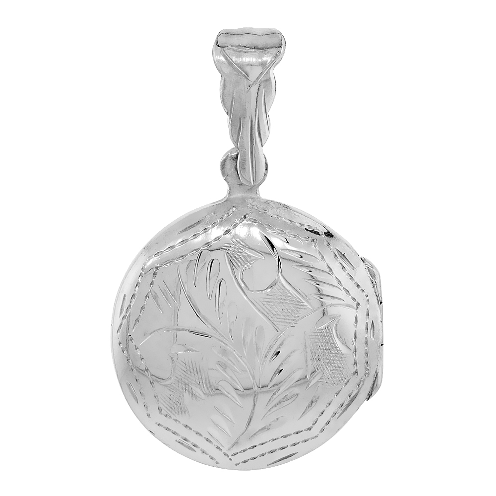 STERLING SILVER ROUND LOCKET NECKLACE 18 INCH ENGRAVED HANDMADE, 7/8 INCH