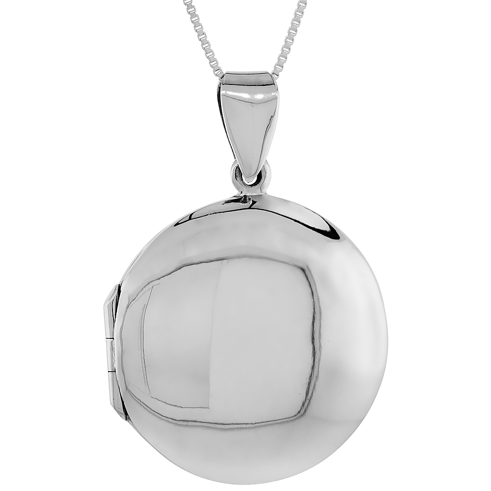 STERLING SILVER ROUND LOCKET NECKLACE 18 INCH POLISHED HANDMADE, 1 1/8 INCH