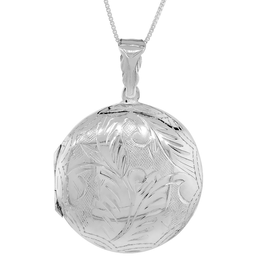 LARGE STERLING SILVER ROUND LOCKET NECKLACE 18 INCH ENGRAVED HANDMADE, 1 1/4 INCH