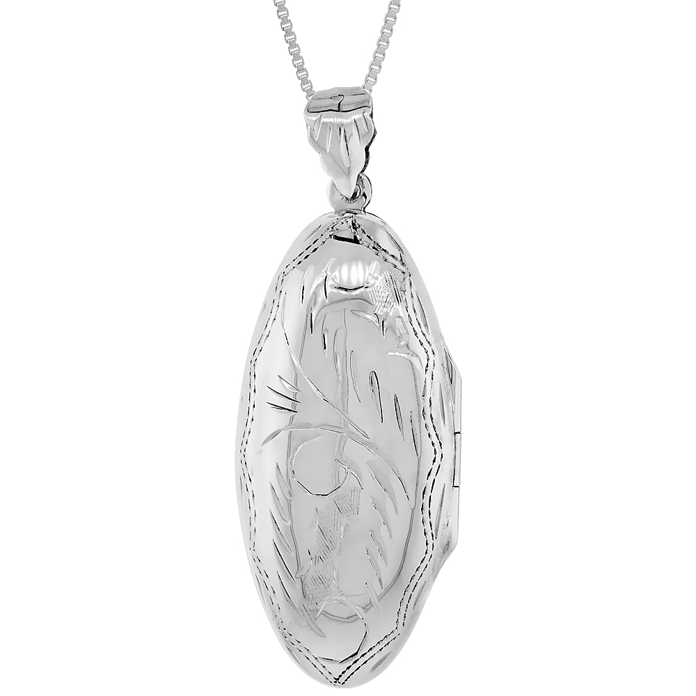 LONG STERLING SILVER OVAL LOCKET NECKLACE 18 INCH ENGRAVED HANDMADE, 1 5/8 INCH