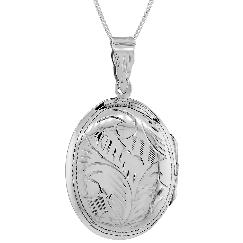 LARGE STERLING SILVER OVAL LOCKET NECKLACE 18 INCH ENGRAVED HANDMADE, 1 1/4 INCH