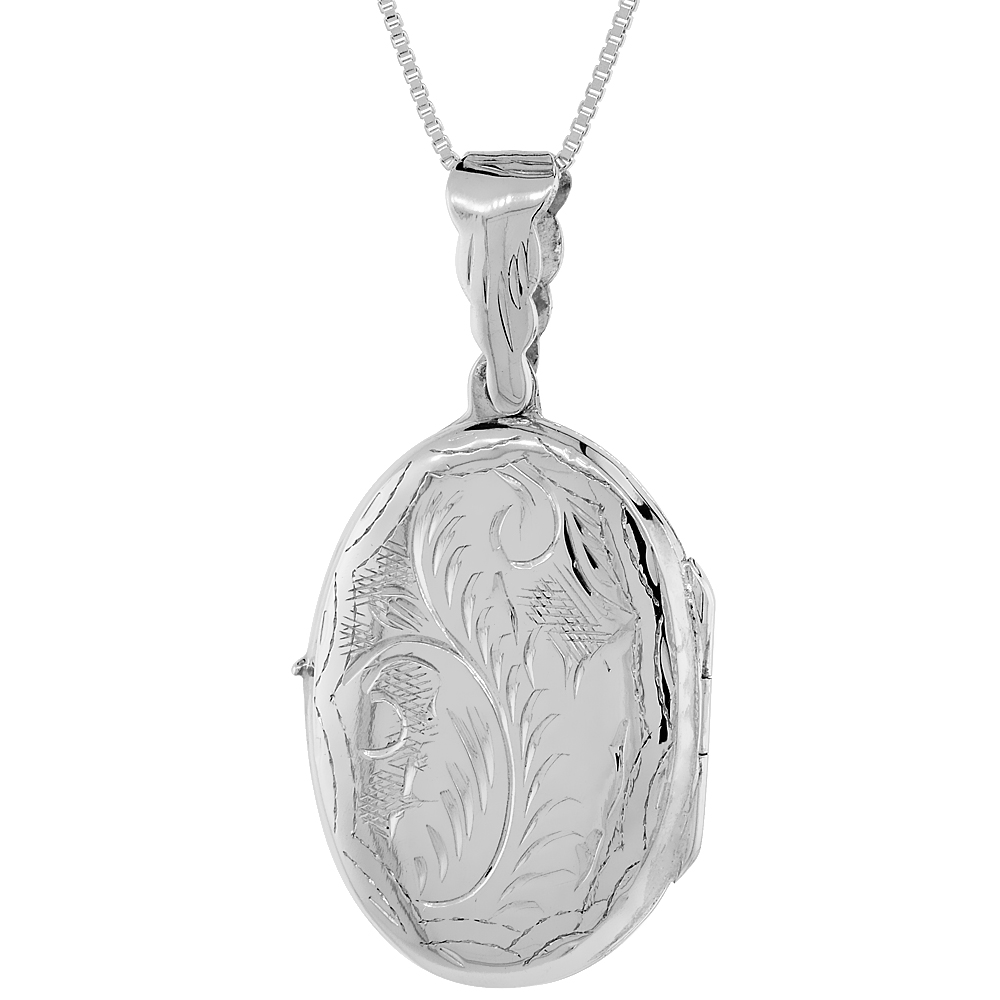 STERLING SILVER OVAL LOCKET NECKLACE 18 INCH ENGRAVED HANDMADE, 1 1/16 INCH
