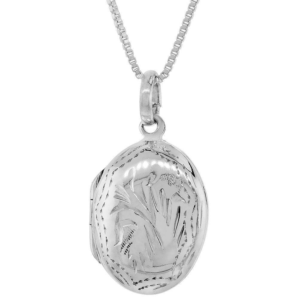 SMALL STERLING SILVER OVAL LOCKET NECKLACE 18 INCH ENGRAVED HANDMADE, 3/4 INCH