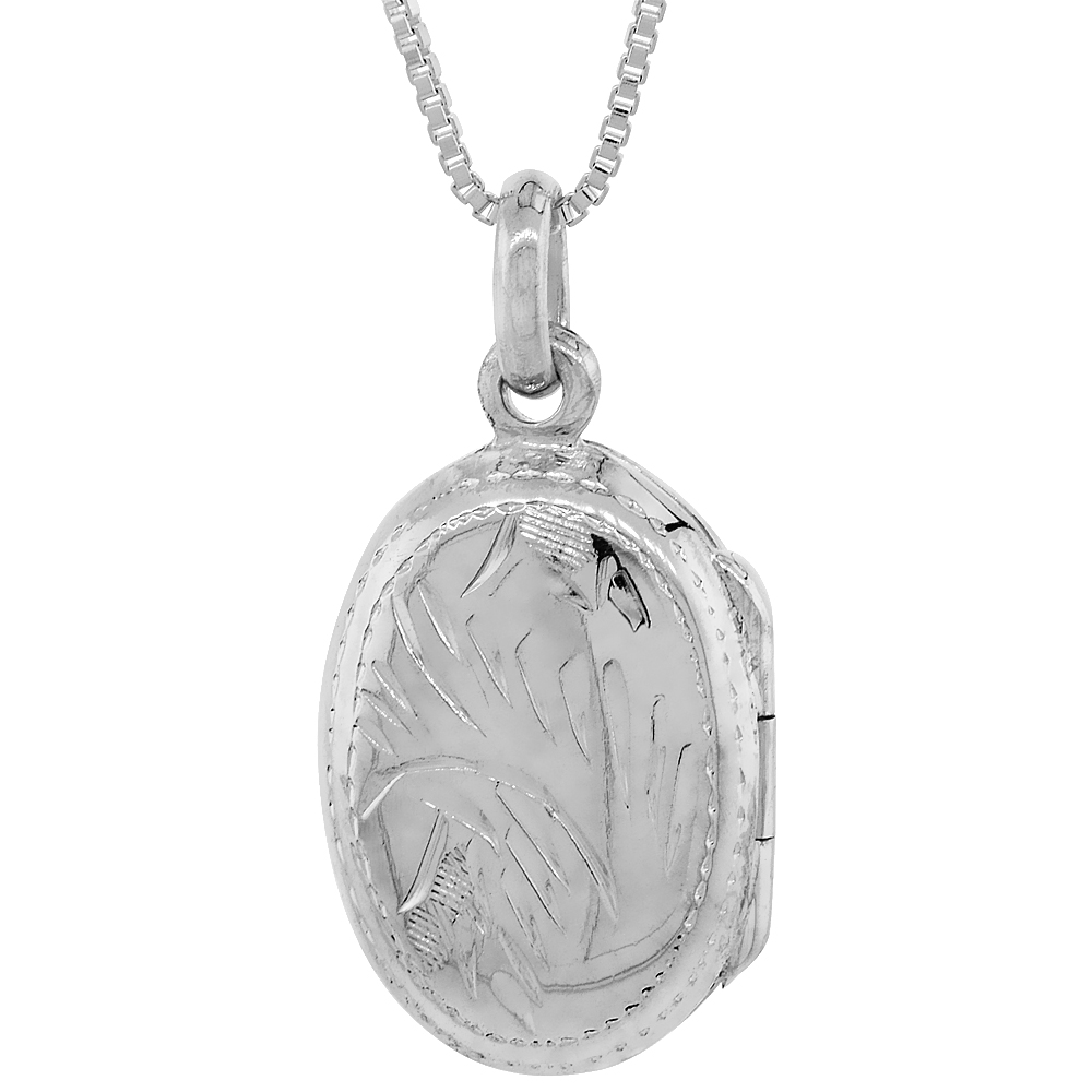 SMALL STERLING SILVER OVAL LOCKET NECKLACE 18 INCH ENGRAVED HANDMADE, 3/4 INCH