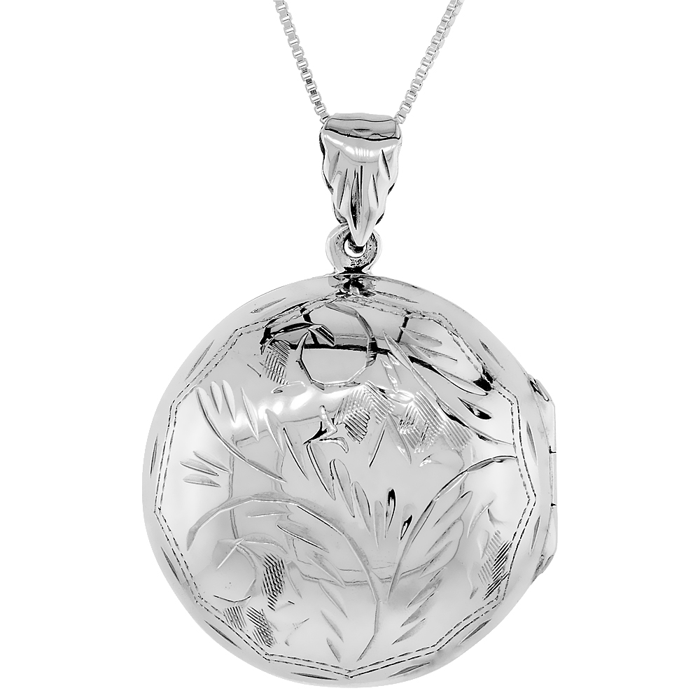 STERLING SILVER PUFFY ROUND LOCKET NECKLACE 18 INCH ENGRAVED HANDMADE, 1 1/4 INCH