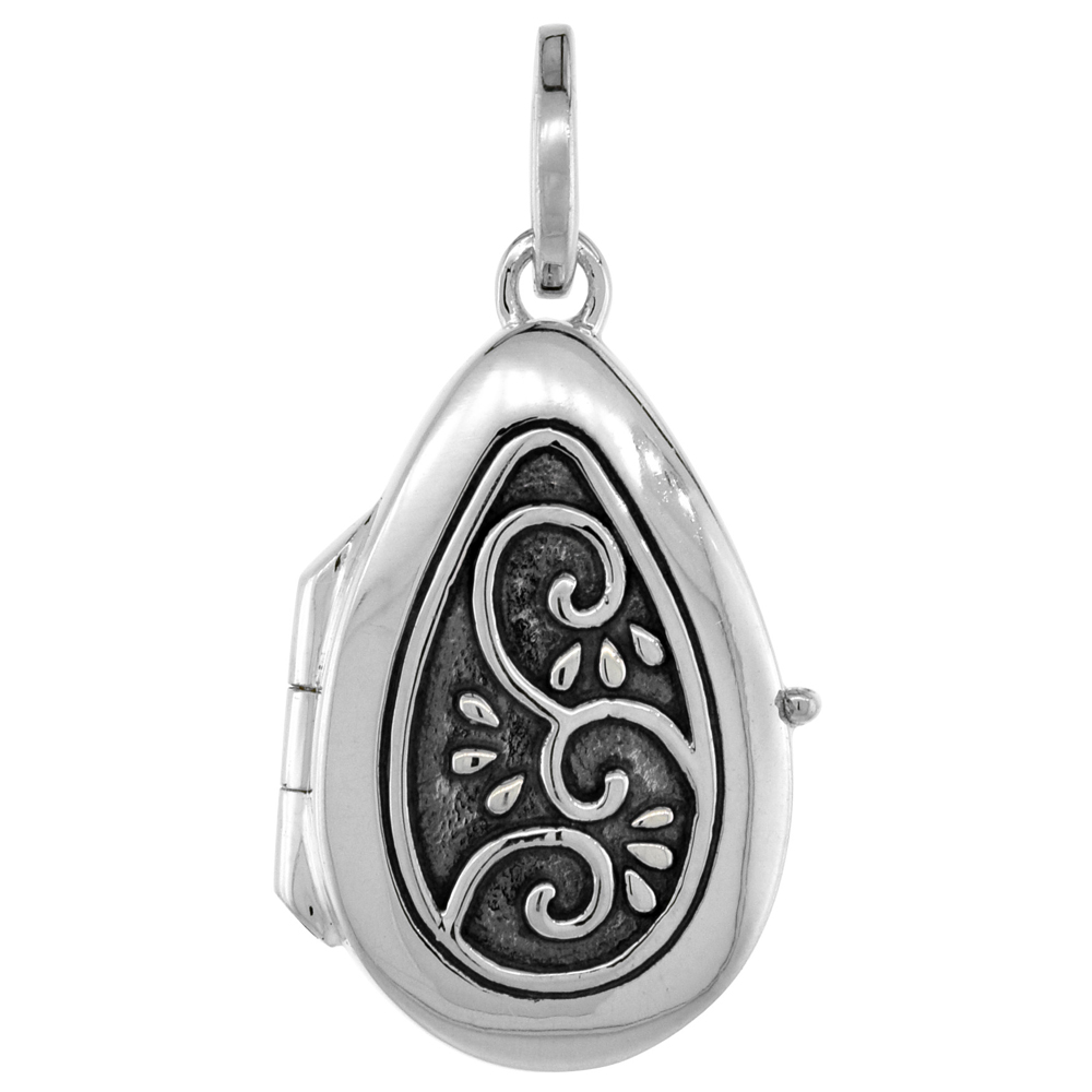 SMALL 3/4 INCH STERLING SILVER SWIRL DESIGN TEARDROP LOCKET PENDANT FOR WOMEN FLAWLESS POLISHED FINISH NO CHAIN INCLUDED