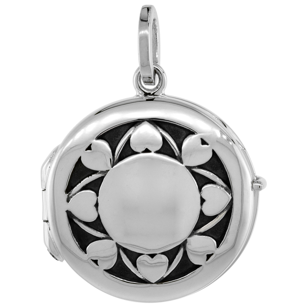 SMALL 3/4 INCH STERLING SILVER HEART PATTERN ROUND LOCKET NECKLACE FOR WOMEN FLAWLESS POLISHED FINISH AVAILABLE WITH OR WITHOUT 
