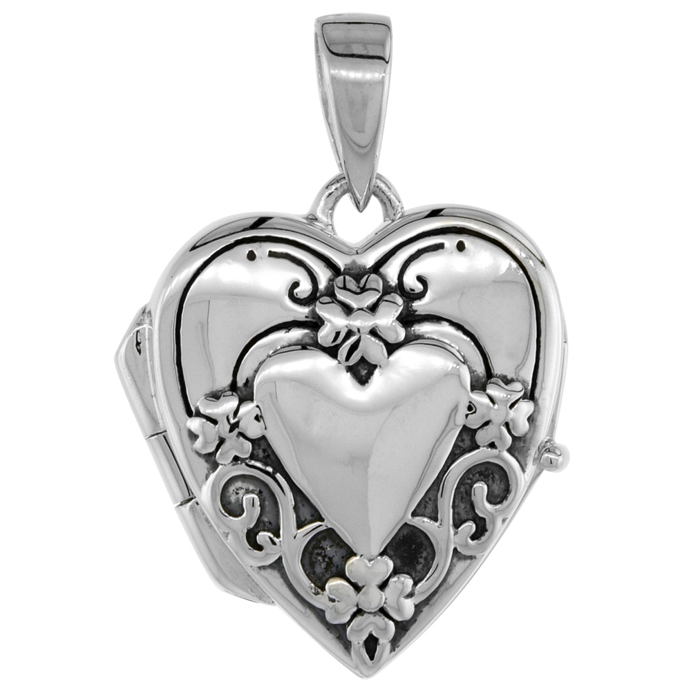 VERY SMALL 5/8 INCH STERLING SILVER EMBOSSED HEART LOCKET NECKLACE FOR WOMEN FLAWLESS POLISHED FINISH AVAILABLE WITH OR WITHOUT 