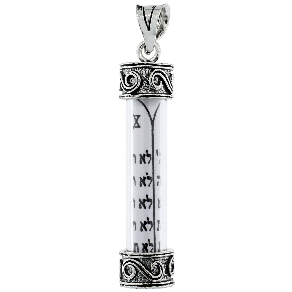 STERLING SILVER MEZUZAH PENDANT W/ THE TEN COMMANDMENTS S SCROLL PATTERN IN GLASS CASE 1 5/16 INCH