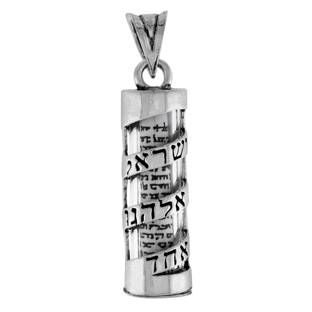STERLING SILVER MEZUZAH PENDANT SPIRAL SHEMA ISRAEL OVER GLASS CASE PAPER PARCHMENT 1 1/4 INCH NO_CHAIN