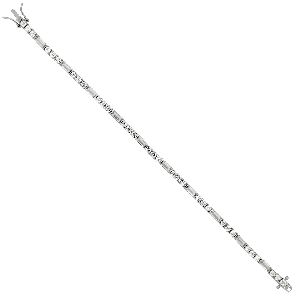 Sterling Silver Round & Baguette Cubic Zirconia Tennis Bracelet, 1/8 inch wide