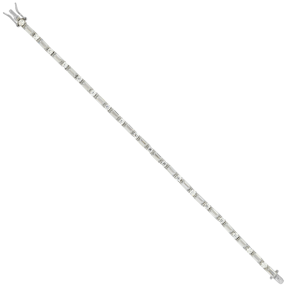 Sterling Silver Alternating Round & Baguette Cubic Zirconia Tennis Bracelet, 1/8 inch wide