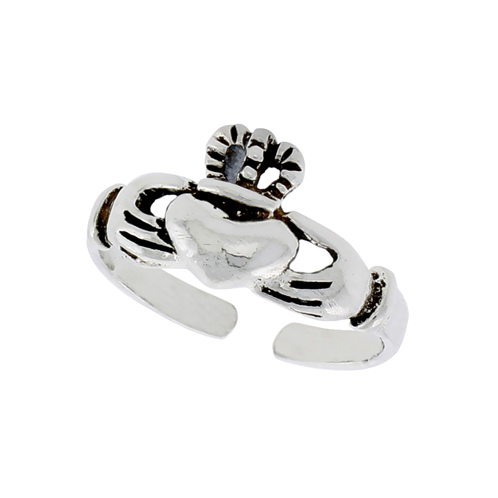 STERLING SILVER "IRISH FRIENDSHIP SYMBOL" OXIDIZED CLADDAGH ADJUSTABLE (SIZE 3.5 TO 6.5) TOE RING / KID'S RING, 5/16 IN. (8 MM) WIDE